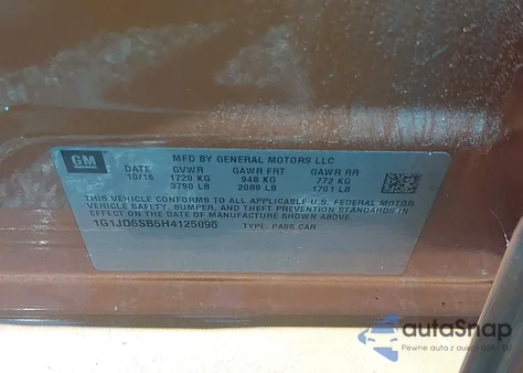 2017 Chevrolet Sonic Lt Auto z USA, uszkodzony, nr VIN 1G1JD6SB5H4125096